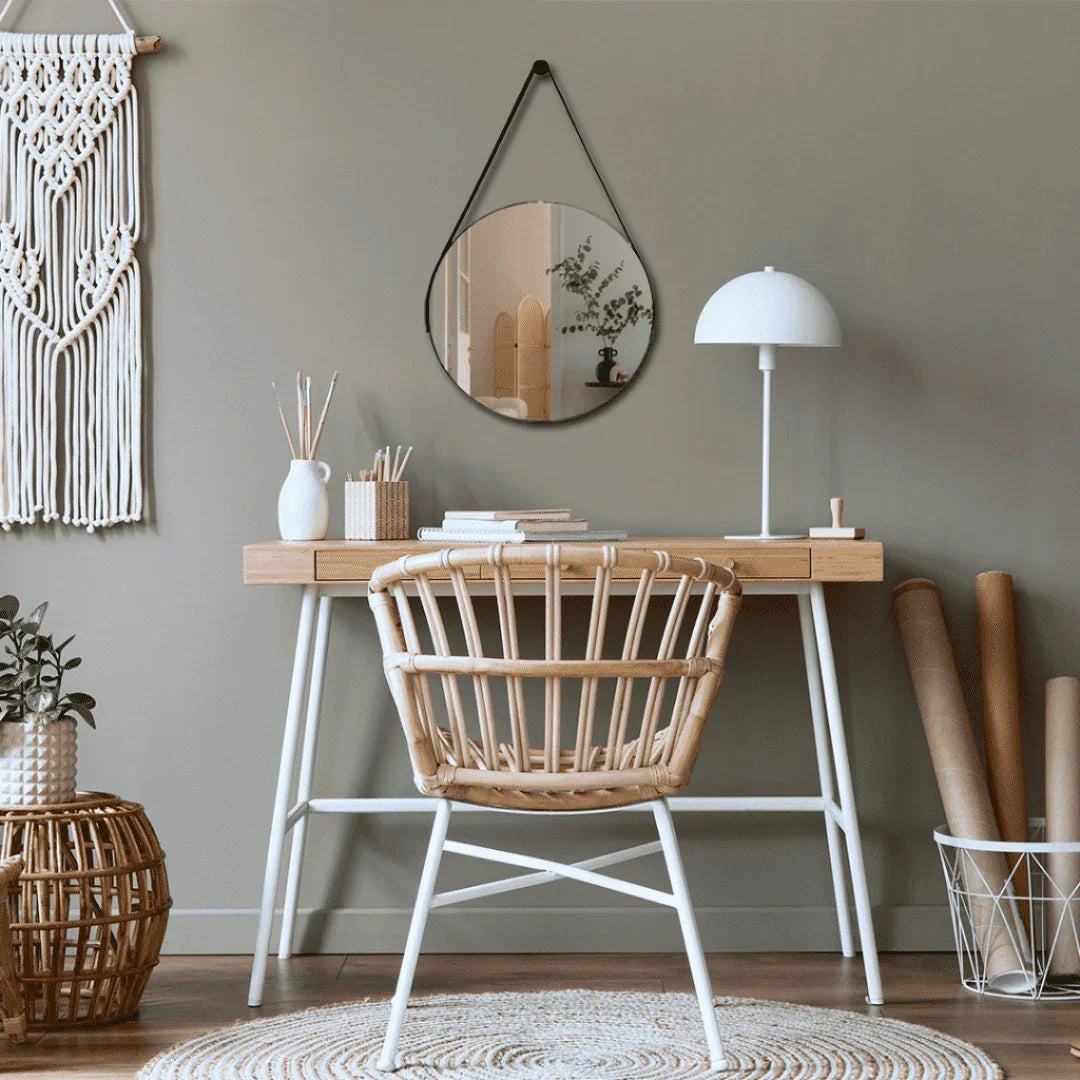 Espelho Redondo Adnet Couro Com Alça + Suporte 60cm