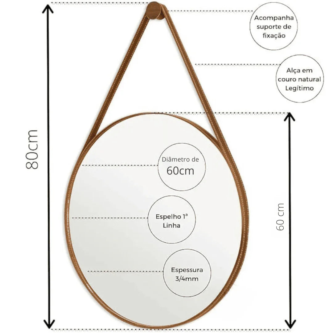 Espelho Redondo Adnet Couro Com Alça + Suporte 60cm