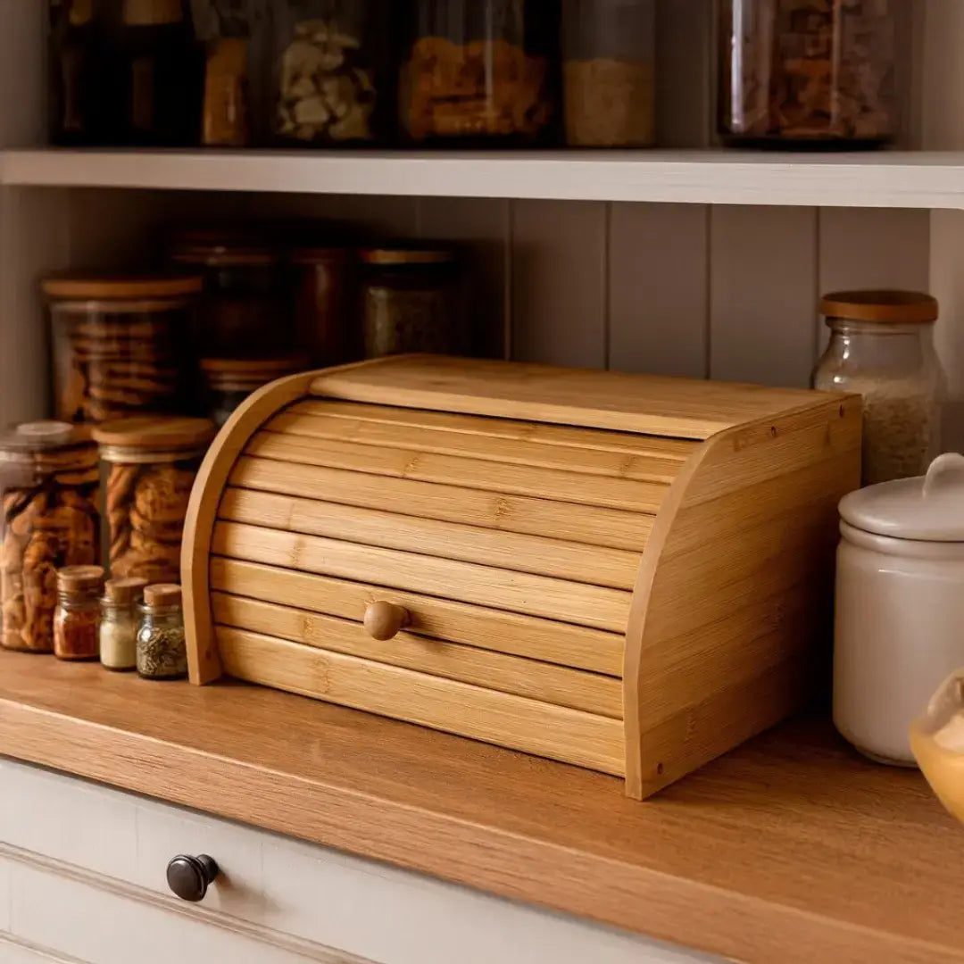 Porta Pão em Bambu Com Tampa Retrátil