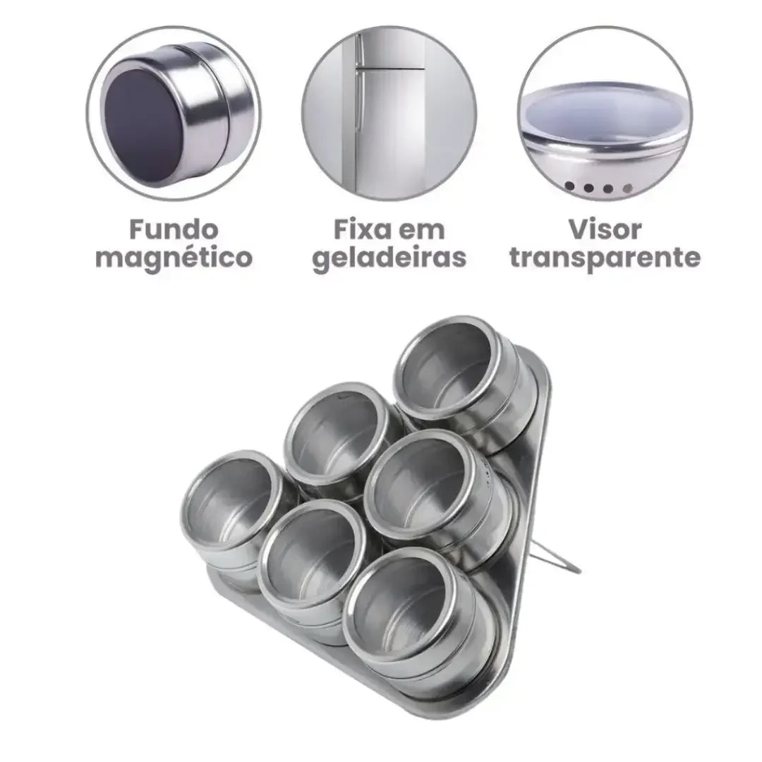 Porta Temperos Magnético com 6 Potes Inox