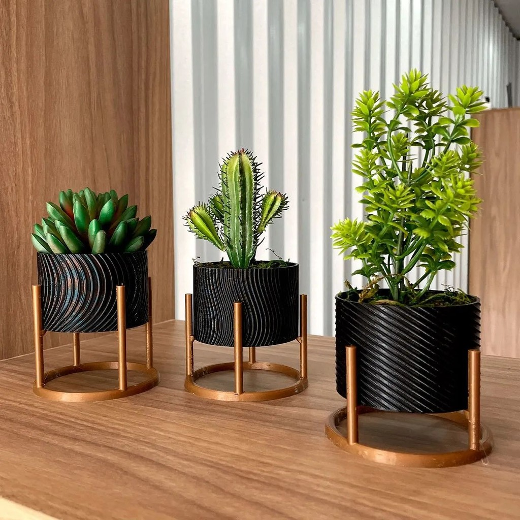 Trio de Vasos Cachepot com Suporte Para Cactos ou Suculentas