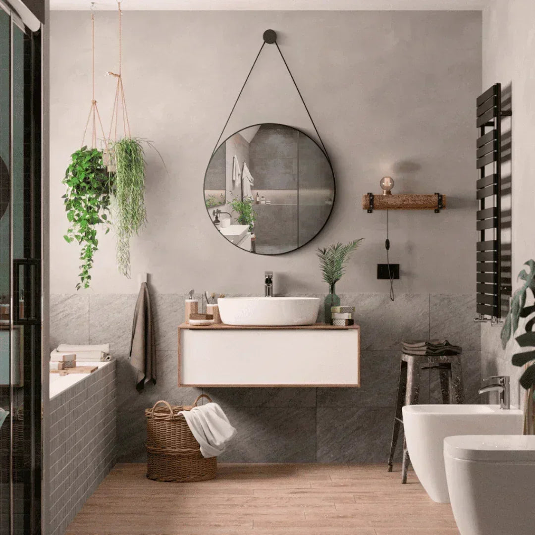 Espelho Redondo Adnet Couro Com Alça + Suporte 60cm