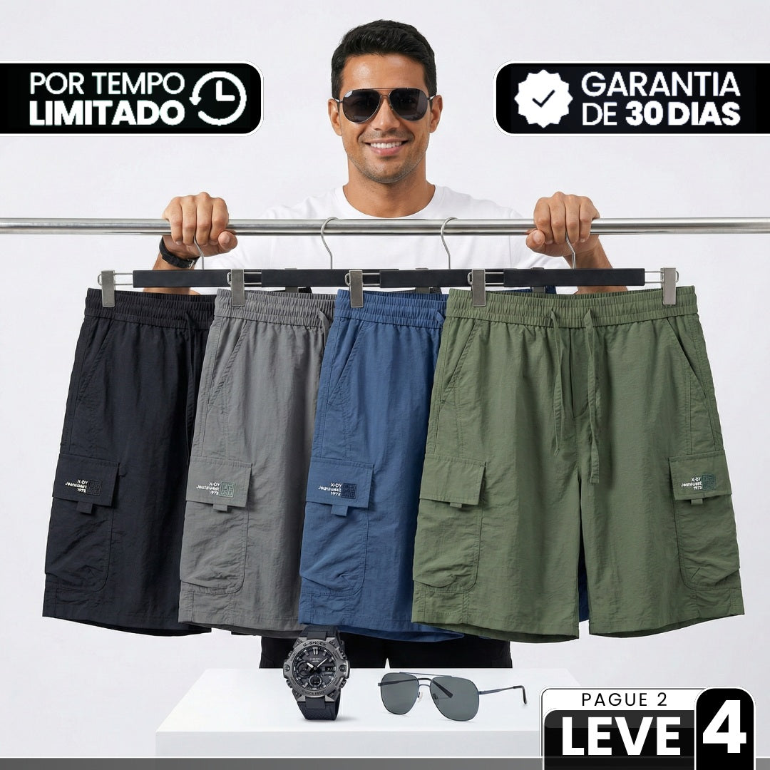 [Leve 4, Pague Só 2!] Bermuda Vektor Masculina em Nylon Texturizado de Alta Durabilidade com Bolsos Cargo e Etiqueta Industrial + BRINDES