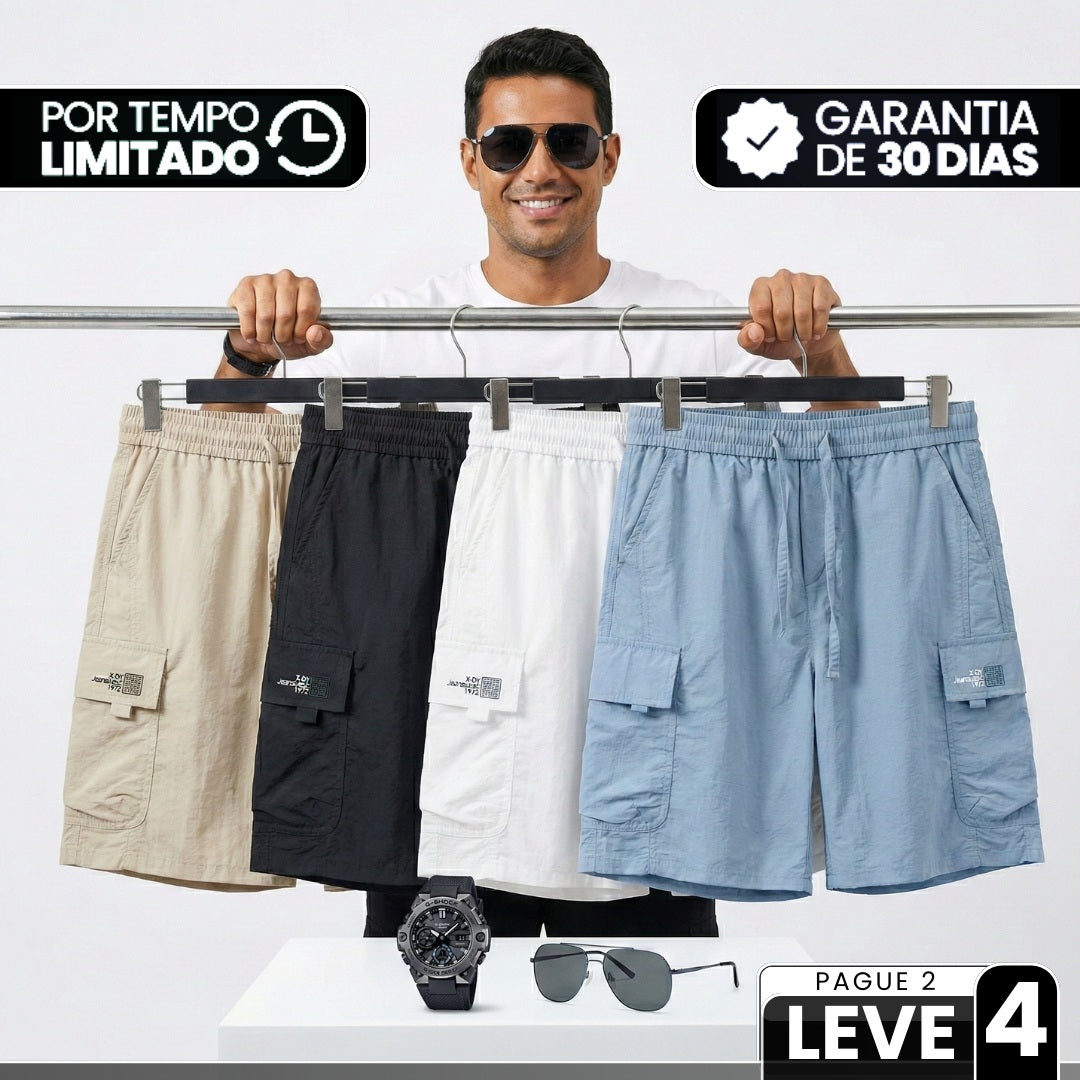 [Leve 4, Pague Só 2!] Bermuda Vektor Masculina em Nylon Texturizado de Alta Durabilidade com Bolsos Cargo e Etiqueta Industrial + BRINDES